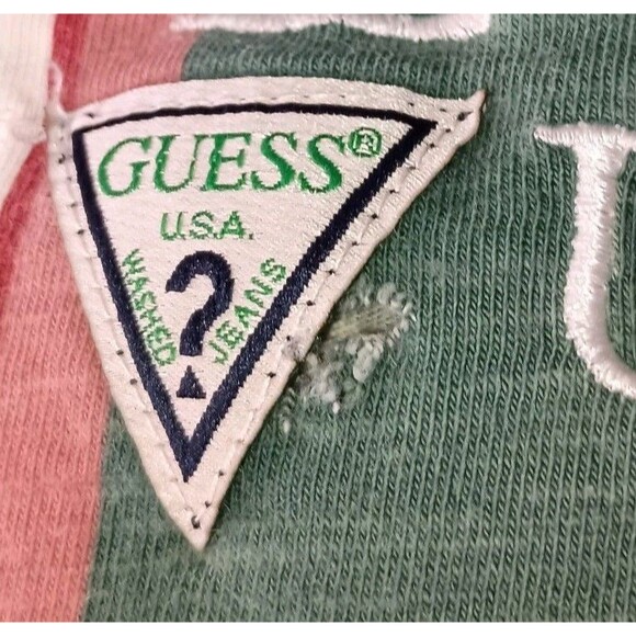 Guess Jeans Shirt Mens Medium Spellout Colorblock Retro Style Striped Tee FLAWS - Picture 8 of 15